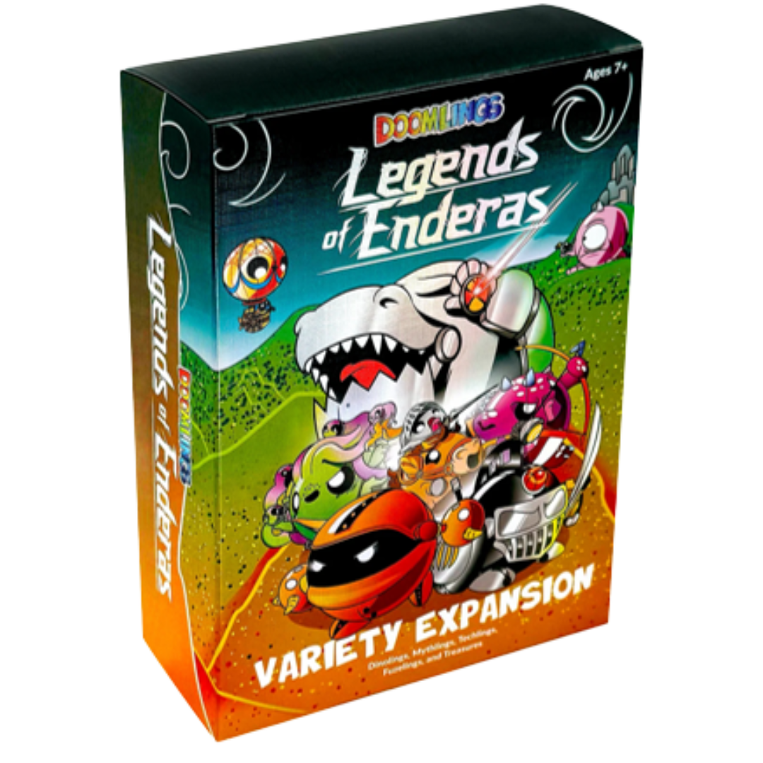 Doomlings Legends of Enderas expansion box art, 120 new cards for Doomlings card game