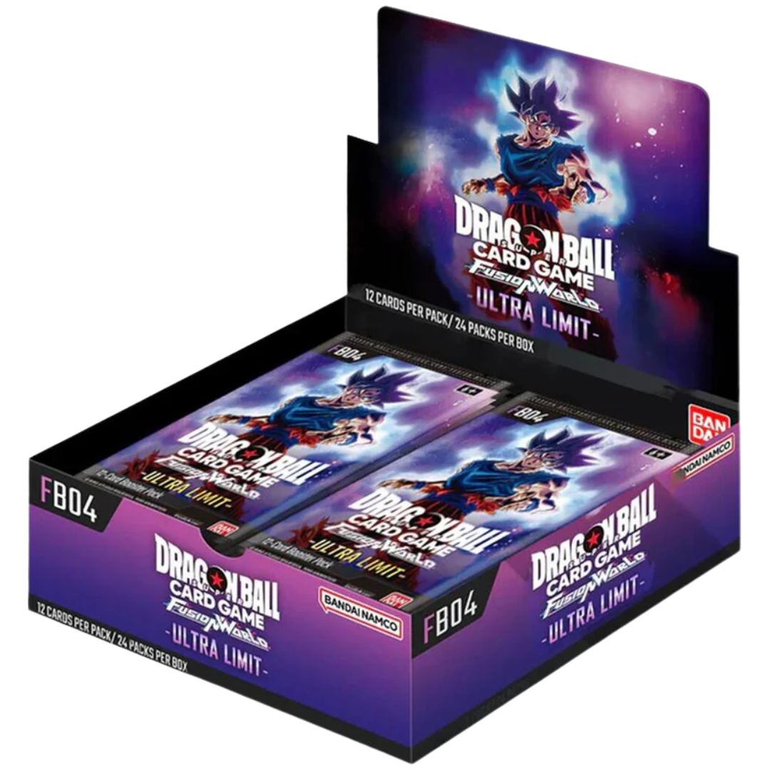 Dragon Ball Super Fusion World FB04 Ultra Limit Booster Box – Includes multiple booster packs from the Fusion World FB04 Ultra Limit series, offering a wide selection of powerful, rare, and foil cards. Perfect for collectors and players looking to expand their decks and dominate battles with exclusive cards.