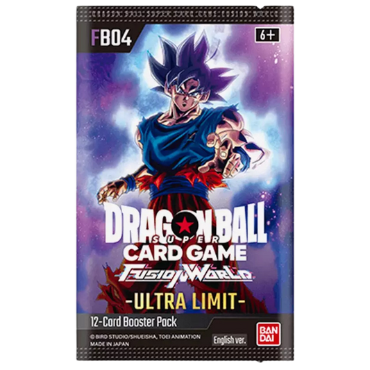 Dragon Ball Super Fusion World FB04 Ultra Limit Booster Pack – Features a selection of powerful and exclusive cards to enhance your deck, including rare and foil cards. Perfect for collectors and players diving into the Fusion World series for strategic gameplay and dynamic battles.