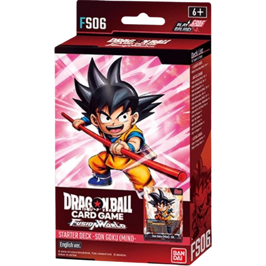 Dragon Ball Super Fusion World Starter Deck 6 - Son Goku (Mini) – A pre-constructed 50-card starter deck featuring the legendary Son Goku, designed for both new players and veterans. Includes Goku-themed cards to enhance your deck and jump into the action-packed world of Dragon Ball Super Fusion World