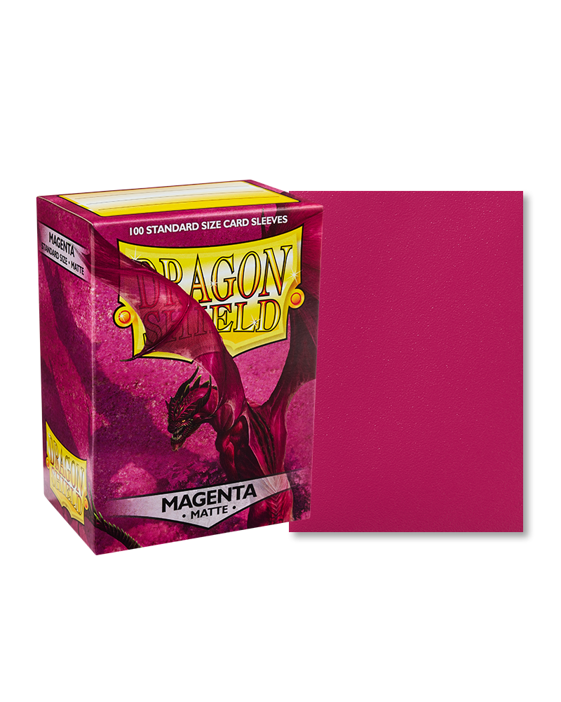 Dragon Shield Matte Magenta card sleeves with a clear front and a bold magenta back, offering durability and shuffle-ability for card protection.