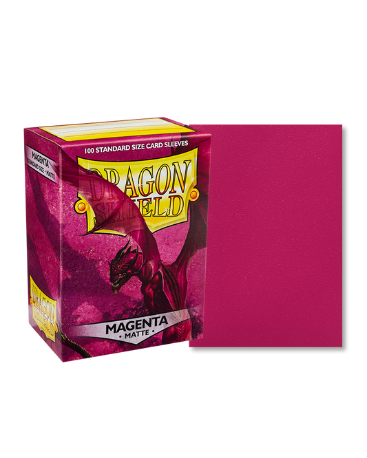 Dragon Shield Matte Magenta card sleeves with a clear front and a bold magenta back, offering durability and shuffle-ability for card protection.