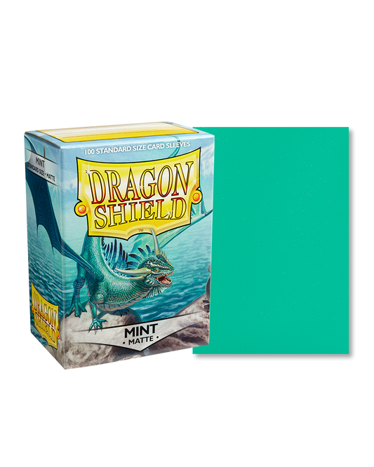 Dragon Shield Matte Mint card sleeves with a clear front and fresh mint green back, designed for durability, shuffle-ability, and card protection.
