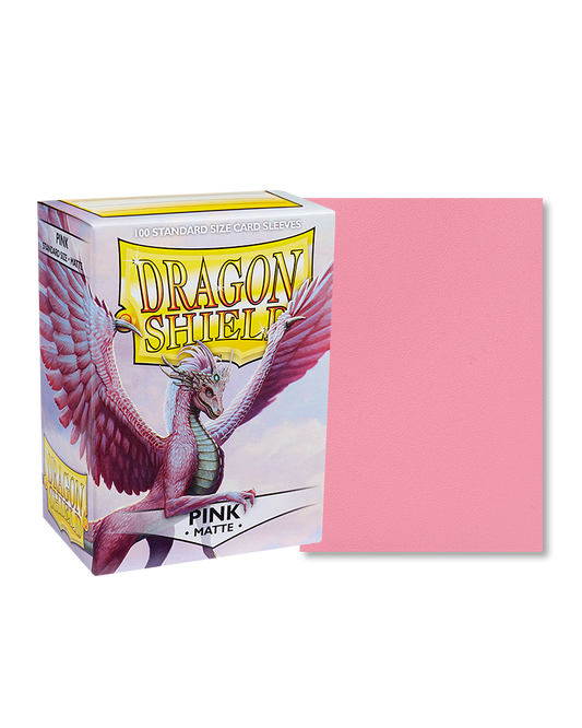 Dragon Shield Matte Pink card sleeves with a clear front and soft pink back, providing durable protection and smooth handling for trading cards.