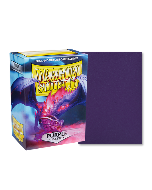 Dragon Shield Purple Matte card sleeves with a clear front and deep purple back, designed for smooth shuffling and durable TCG protection.