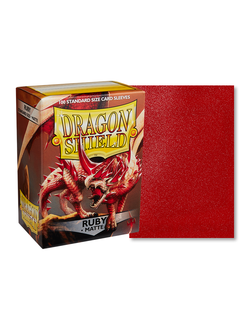 Dragon Shield Ruby Matte card sleeves with a clear front and sparkling ruby back, designed for TCG protection with durability and smooth shuffling.