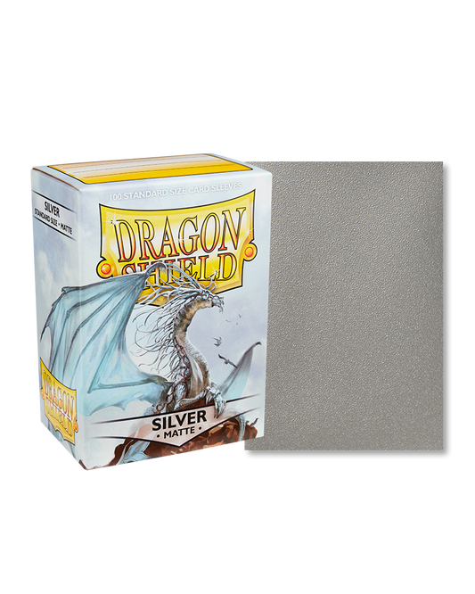 Dragon Shield Matte Silver card sleeves featuring a clear front and metallic matte silver back, designed for ultimate protection and smooth shuffle-ability for trading cards.