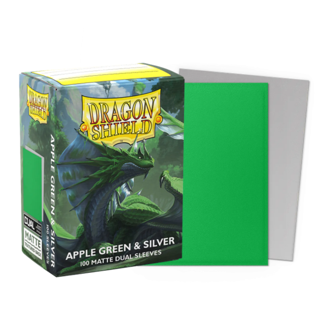Dragon Shield Matte Dual Apple Green and Silver 100ct standard size card sleeves for MTG and Pokémon decks