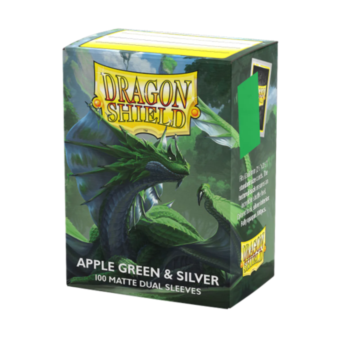 Dragon Shield Matte Dual Apple Green and Silver 100ct standard size card sleeves for MTG and Pokémon decks