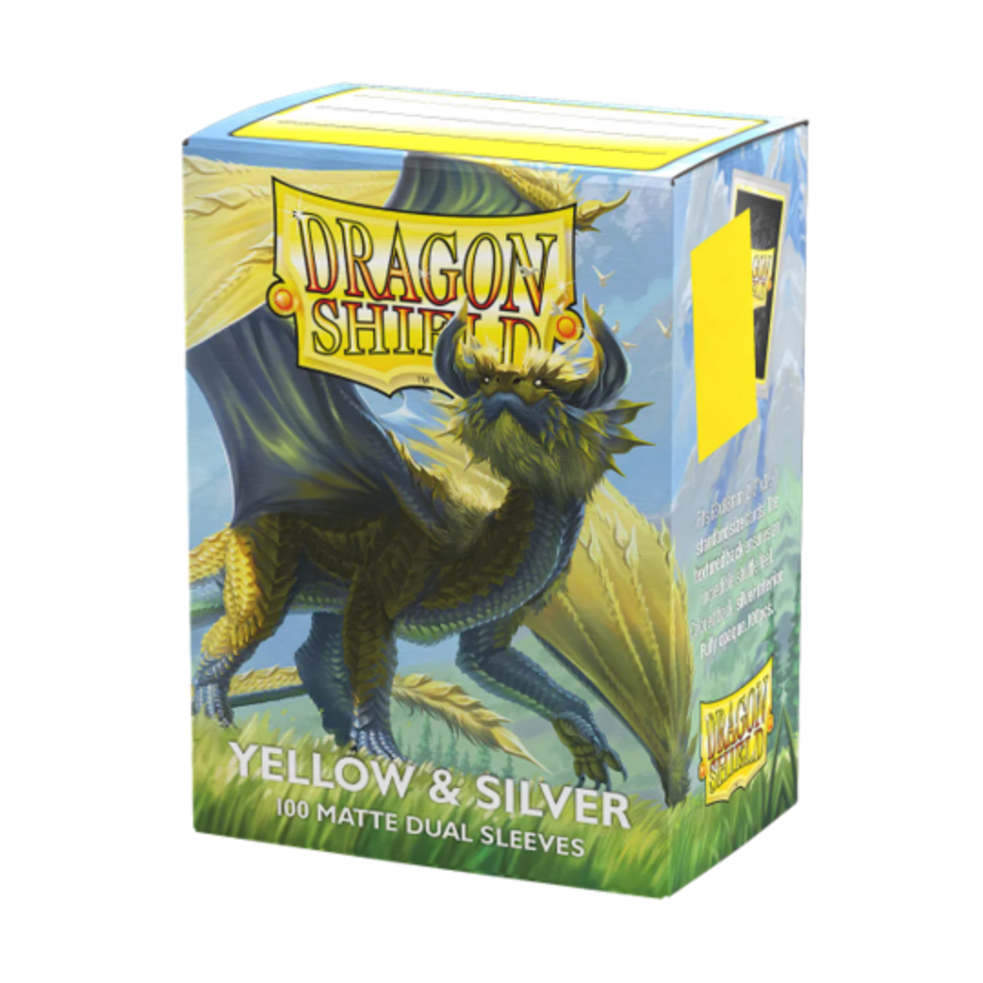 Dragon Shield Matte Dual Yellow and Silver 100ct standard size card sleeves for MTG and Pokémon decks