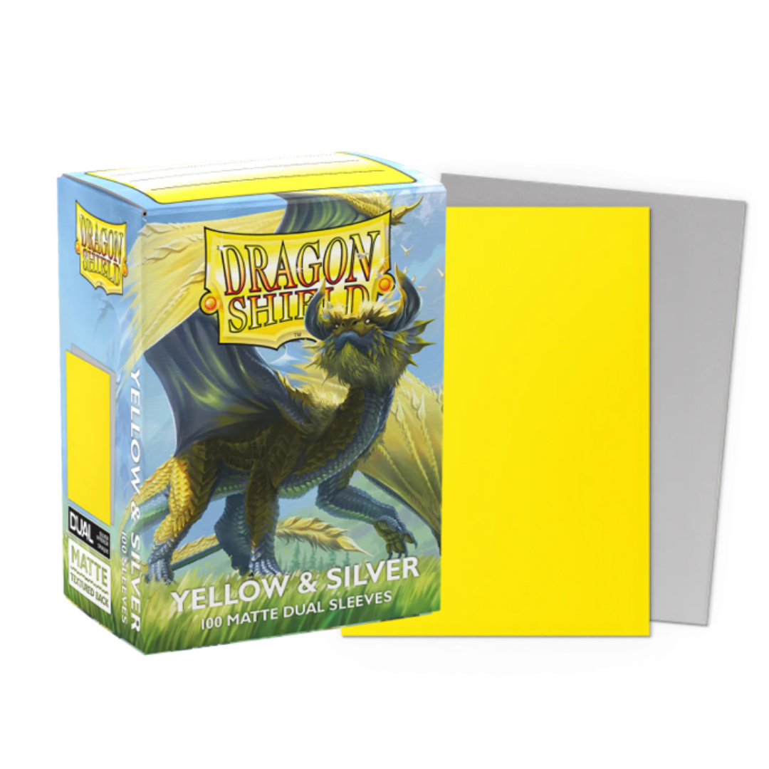 Dragon Shield Matte Dual Yellow and Silver 100ct standard size card sleeves for MTG and Pokémon decks
