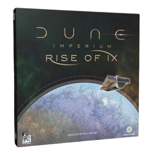 Dune Imperium Rise of Ix expansion board game box featuring sci fi planetary artwork