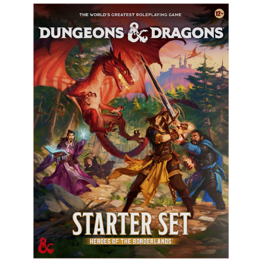 Dungeons and Dragons 2024 Heroes of the Borderlands Starter Set box cover with dragon battle scene