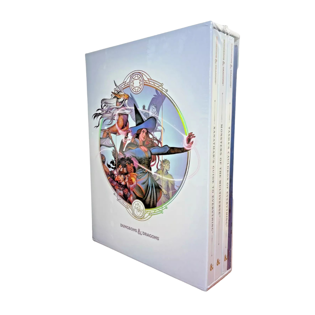 Dungeons & Dragons Fifth Edition Rules Expansion Gift Set Alternate Cover box showcasing exclusive foil alternate covers for Xanathar’s Guide to Everything, Tasha’s Cauldron of Everything, Monsters of the Multiverse, and a Dungeon Master’s screen in a premium slipcase