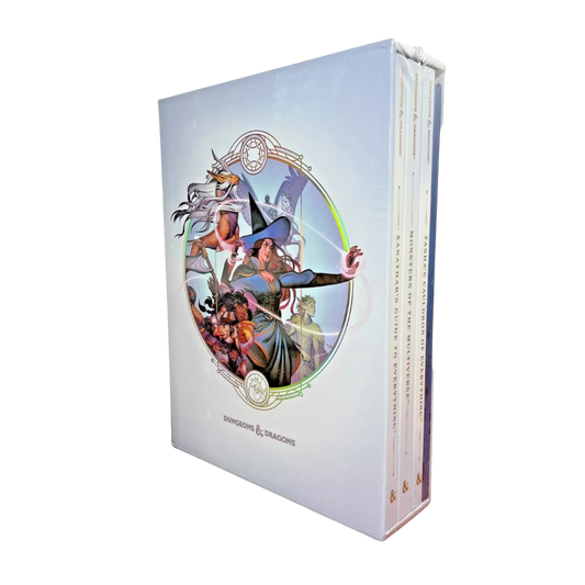Dungeons & Dragons Fifth Edition Rules Expansion Gift Set Alternate Cover box showcasing exclusive foil alternate covers for Xanathar’s Guide to Everything, Tasha’s Cauldron of Everything, Monsters of the Multiverse, and a Dungeon Master’s screen in a premium slipcase