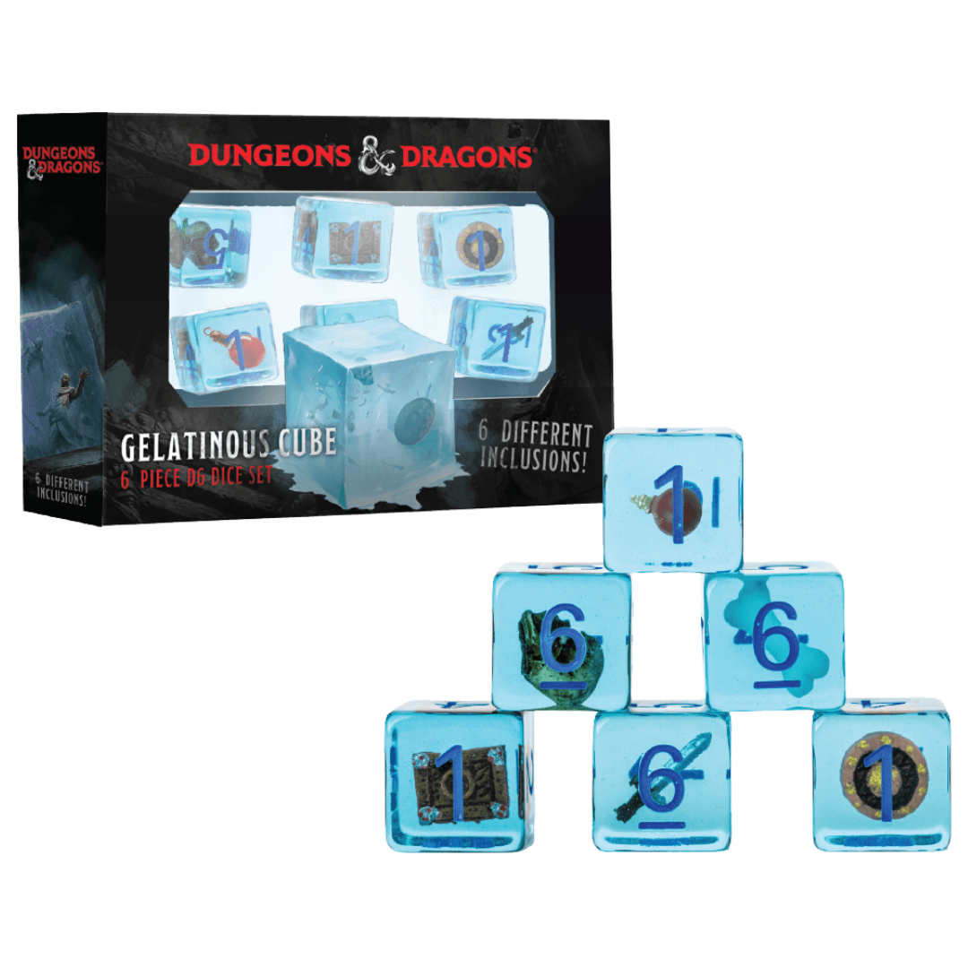 Translucent resin Gelatinous Cube six‑pack dice set with bones and coins inside