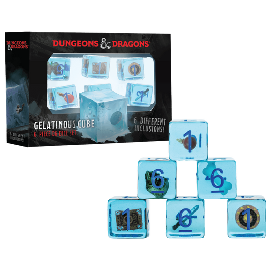 Translucent resin Gelatinous Cube six‑pack dice set with bones and coins inside