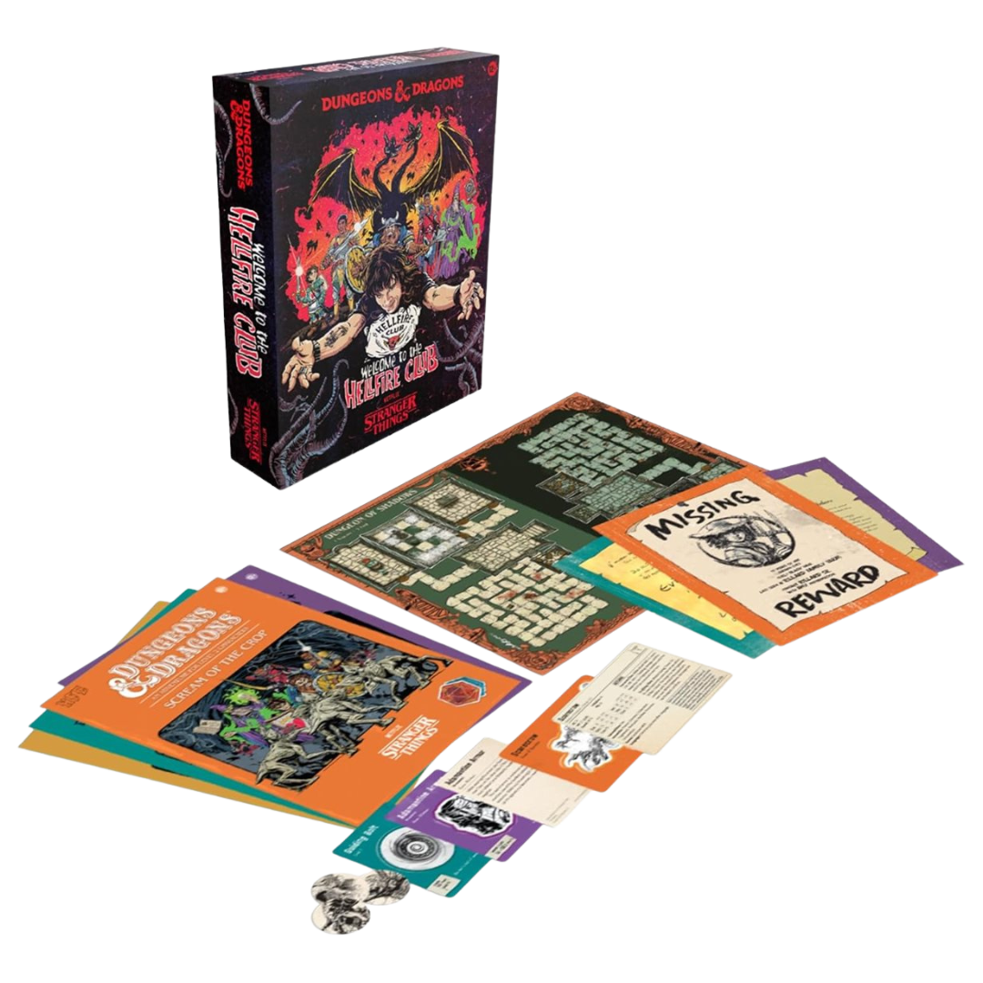 Dungeons & Dragons game box with character sheets and accessories on a white background