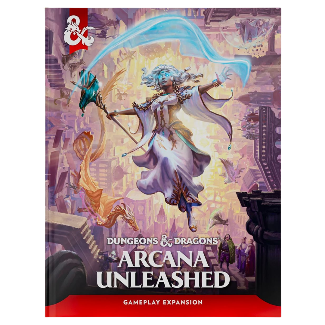 Dungeons & Dragons Arcana Unleashed gameplay expansion book featuring a spellcaster surrounded by arcane magic.