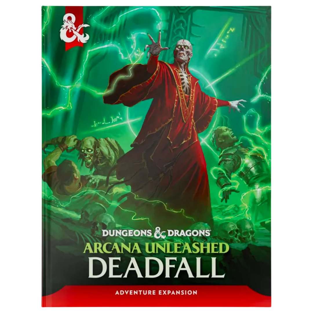 Dungeons & Dragons Arcana Unleashed Deadfall hardcover featuring Szass Tam surrounded by green magical energy.