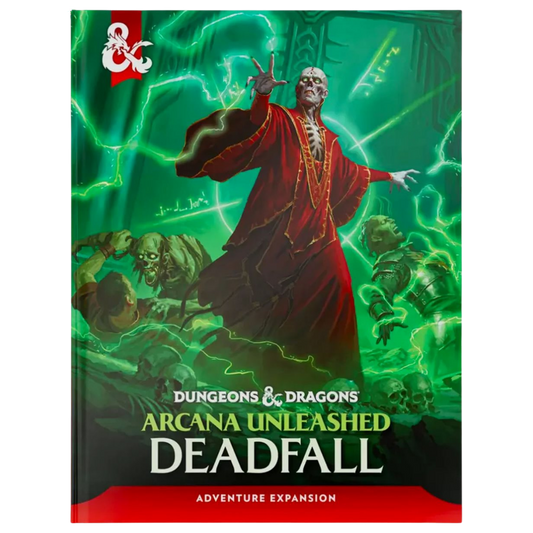 Dungeons & Dragons Arcana Unleashed Deadfall hardcover featuring Szass Tam surrounded by green magical energy.