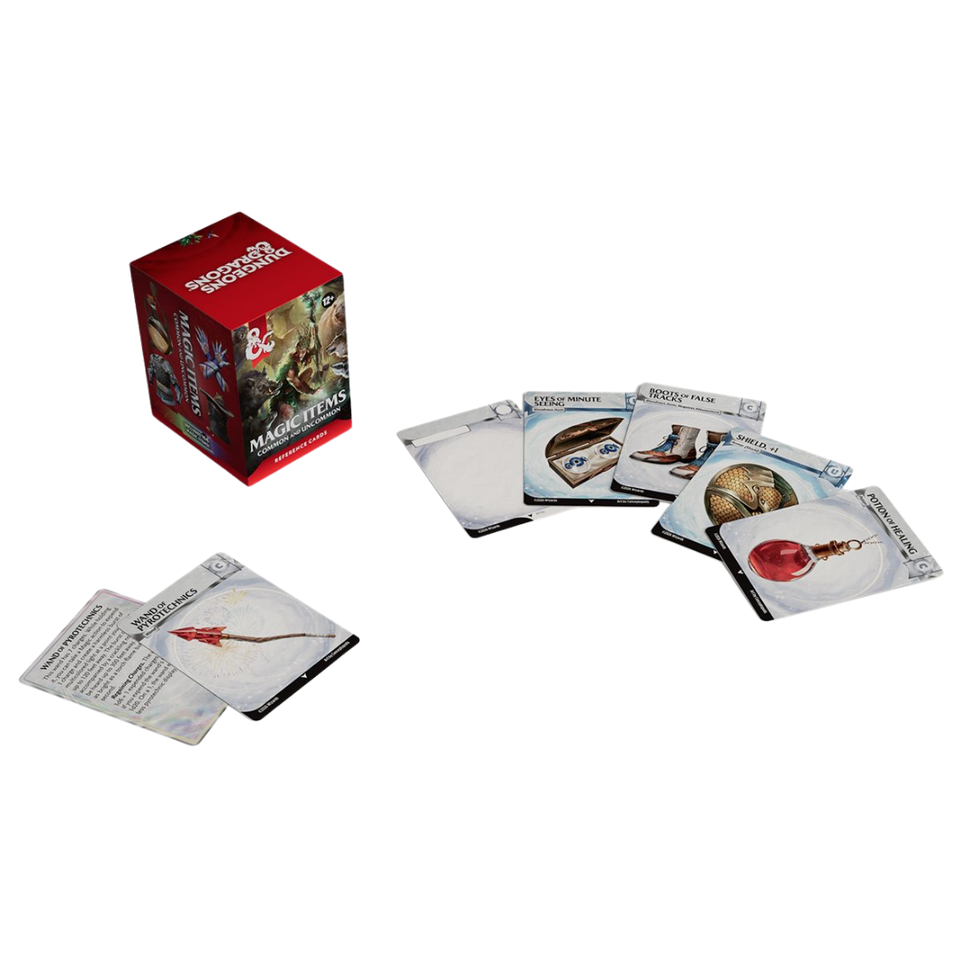 Dungeons and Dragons common and uncommon magic item cards with storage box and item references