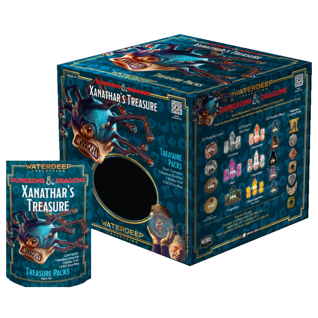 Xanathar’s Treasure blind box D&D dice set featuring rare and exclusive RPG dice, collectible coins, and embroidered dice bags.