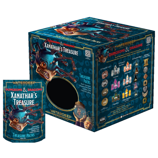 Xanathar’s Treasure blind box D&D dice set featuring rare and exclusive RPG dice, collectible coins, and embroidered dice bags.