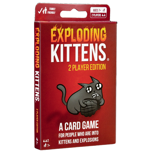 Exploding Kittens 2-Player Edition card game box with vibrant artwork, designed for fast-paced, competitive fun for two players.