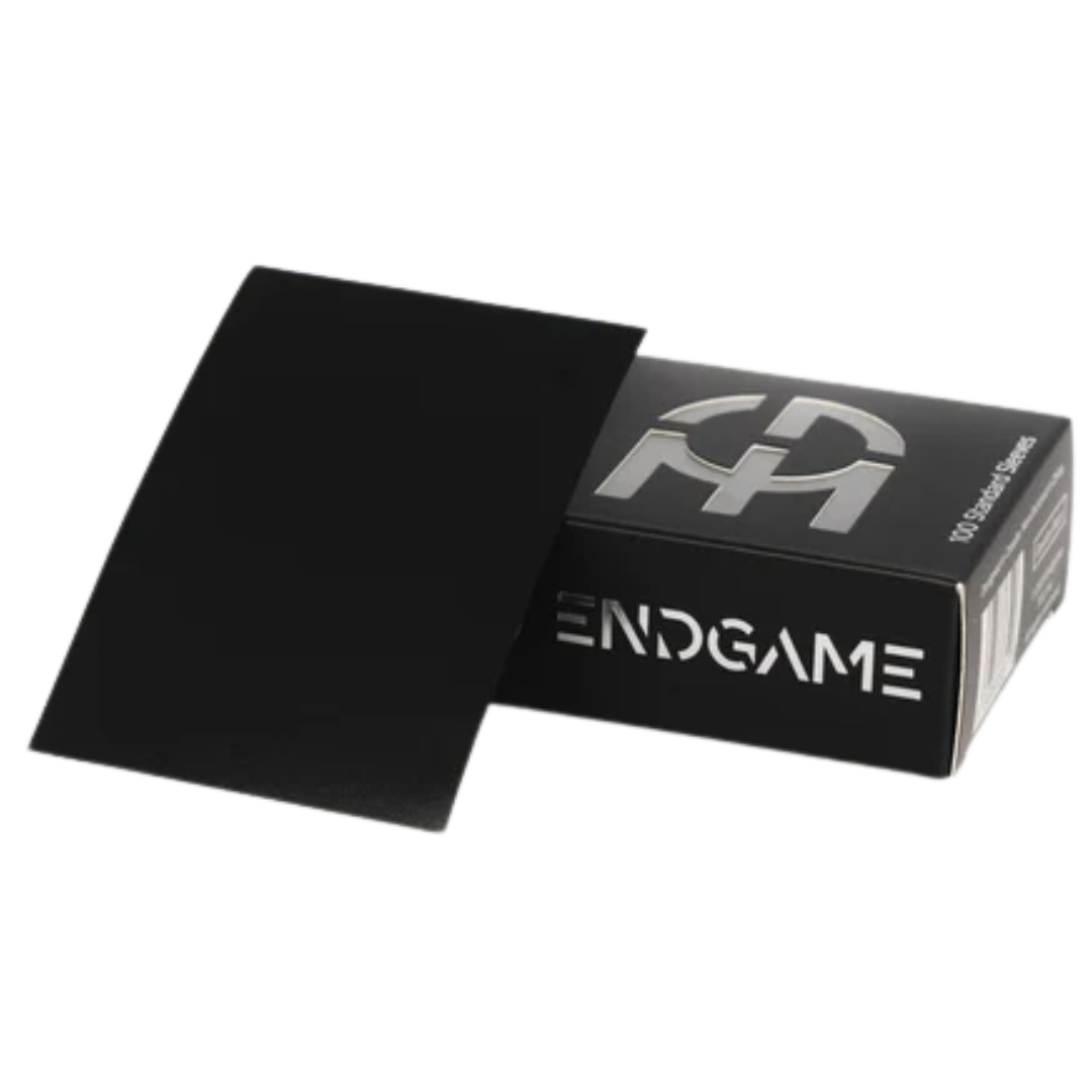 Obsidian Black Endgame Genesis card sleeves with ultra-durable backing, smooth shuffling, and clear fronts for competitive trading card gameplay







