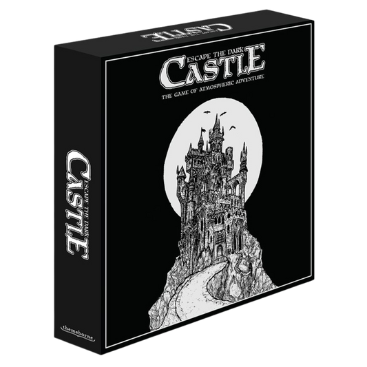 Escape the Dark Castle board game box featuring bold black-and-white artwork and gothic adventure theme — free shipping on orders over $199.

