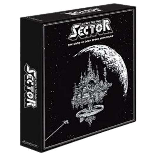 Escape the Dark Sector board game, sci-fi survival tabletop experience with narrative chapter cards, tactical dice combat, and haunting black-and-white artwork.

