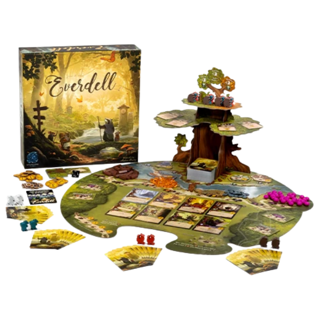 Everdell 3rd Edition board game with Ever Tree, woodland board, cards, tokens, and critter meeples