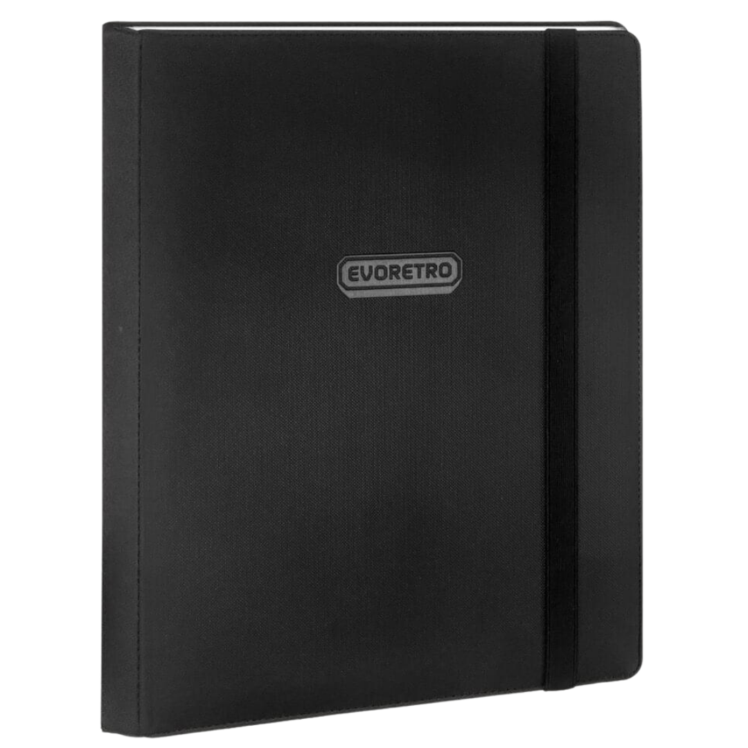 Black Evoretro 9-pocket trading card binder with elastic closure and side-loading pages