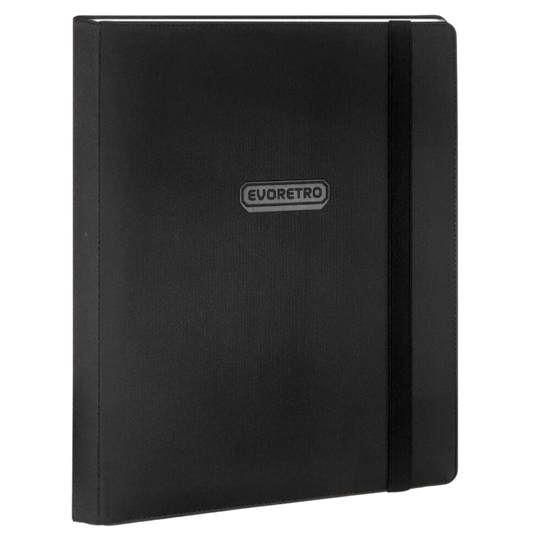 Black Evoretro 9-pocket trading card binder with elastic closure and side-loading pages
