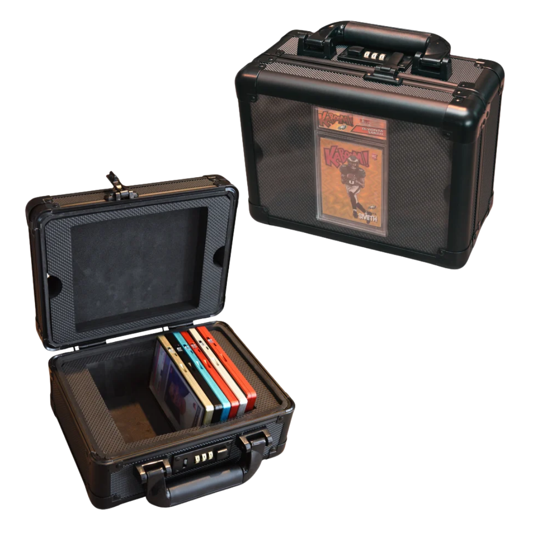 Evoretro black aluminum graded card case with display window and combination lock for up to 15 slabs