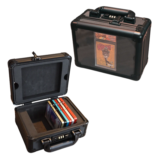 Evoretro black aluminum graded card case with display window and combination lock for up to 15 slabs