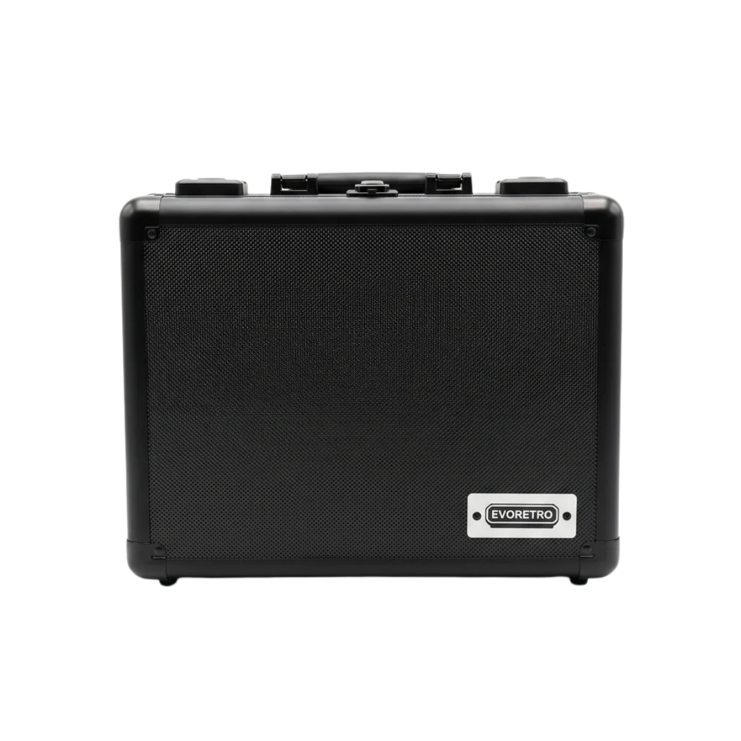 Evoretro black aluminum three-row graded card case with TSA lock for up to 90 PSA and Beckett slabs