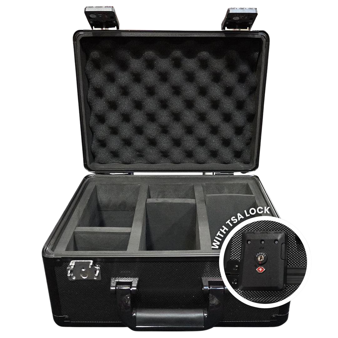 Evoretro black aluminum three-row graded card case with TSA lock for up to 90 PSA and Beckett slabs