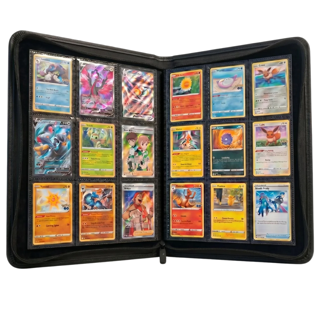 Evoretro black 9-pocket zip binder displaying Pokémon cards