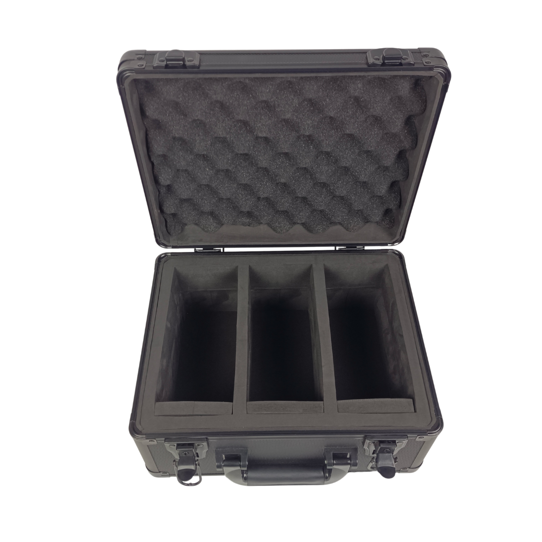 Evoretro Black Aluminum Graded Card Storage Case with TSA Lock, designed to securely hold and transport up to 90 graded trading cards in three padded rows. Free shipping on orders over $199.