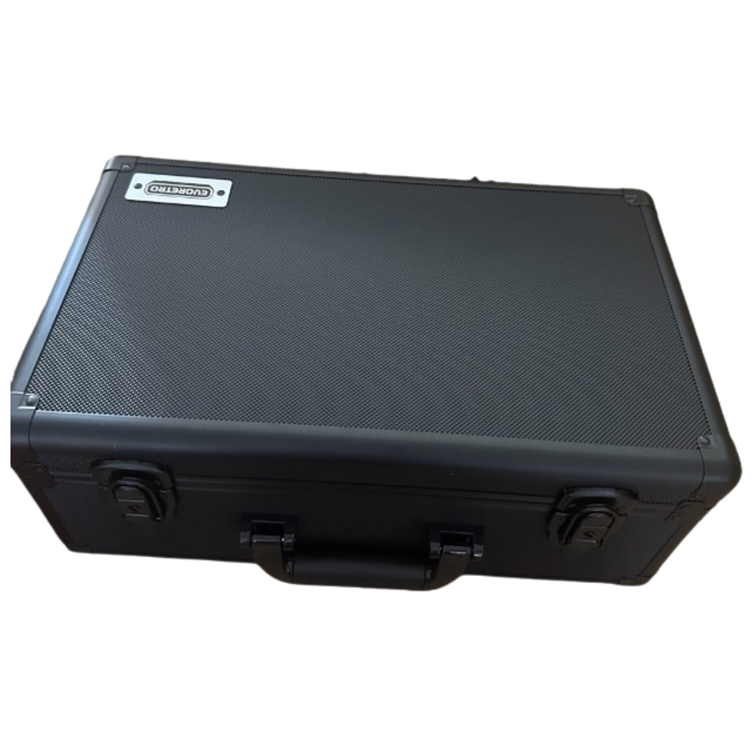 Closed Evoretro Black Aluminum Graded Card Storage Case with TSA Lock, featuring a sleek design for secure storage and transport of up to 120 graded trading cards.