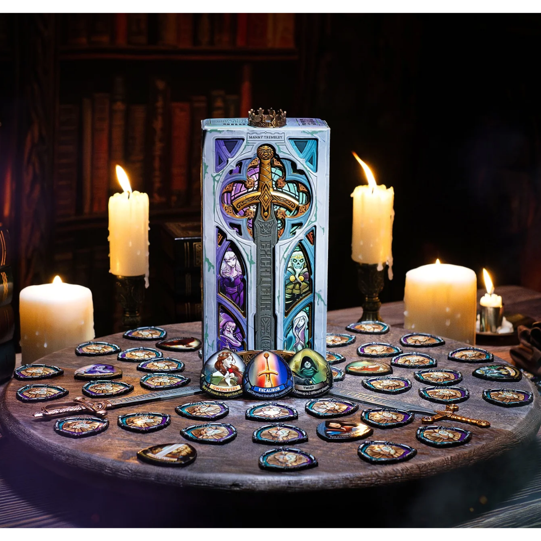 Excalibur bluffing party game with all game pieces displayed including Avalon tiles Arthurian powers and legendary sword gameplay
