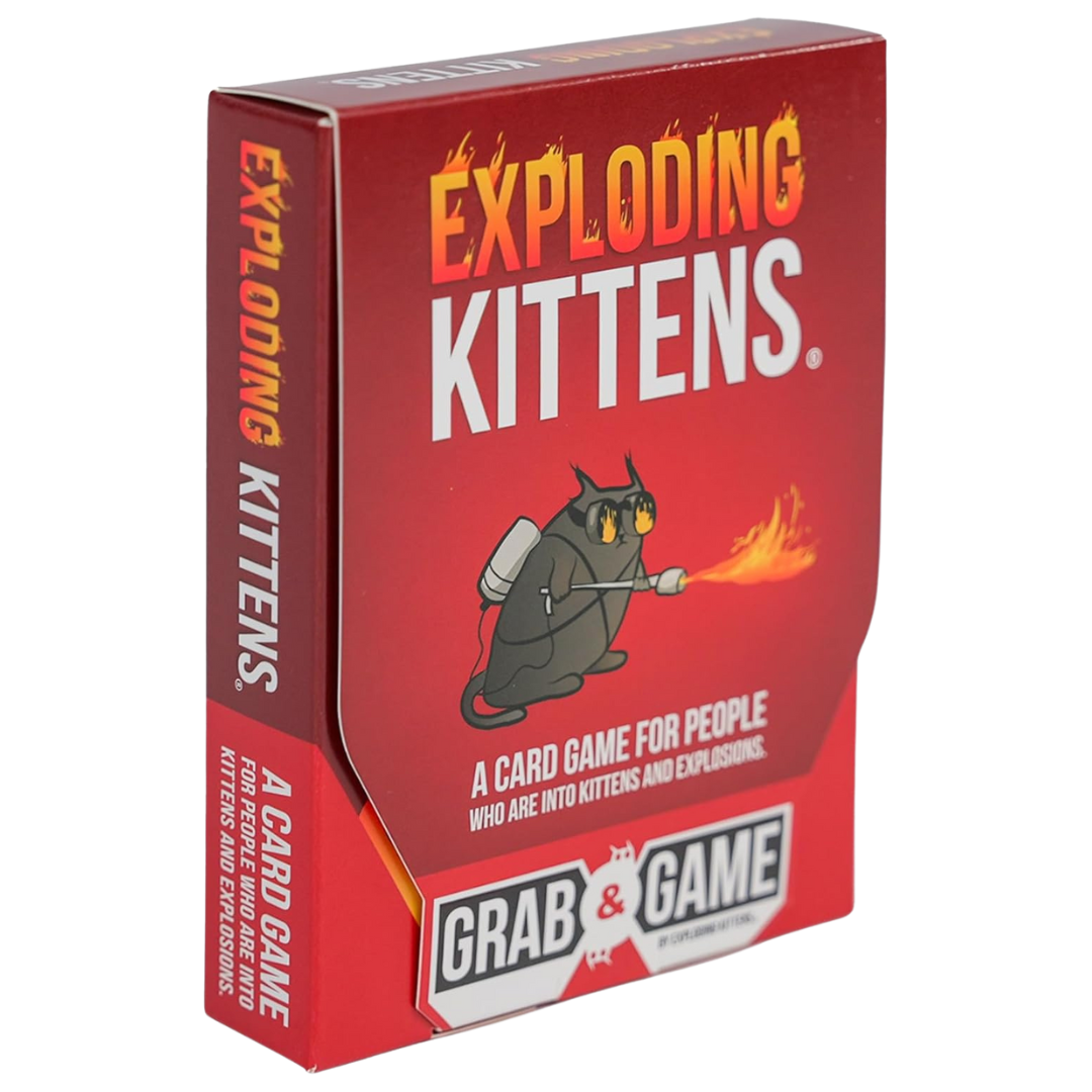 Exploding Kittens Grab & Game, a fast-paced tabletop game featuring quirky art, quick reflex challenges, and hilarious gameplay.