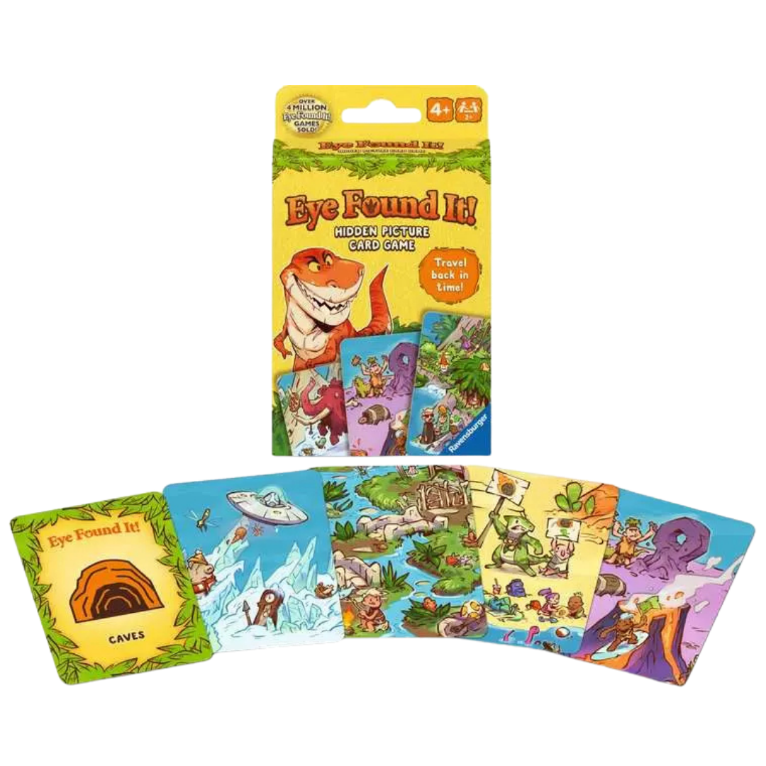 Eye Found It! World of Dinosaurs game contents with 57 illustrated cards and rules.