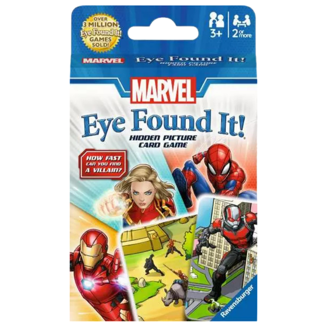Marvel Eye Found It! hidden picture card game featuring Spider-Man, Iron Man, Ant-Man, and Captain Marvel.