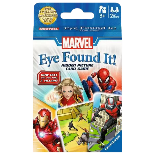 Marvel Eye Found It! hidden picture card game featuring Spider-Man, Iron Man, Ant-Man, and Captain Marvel.