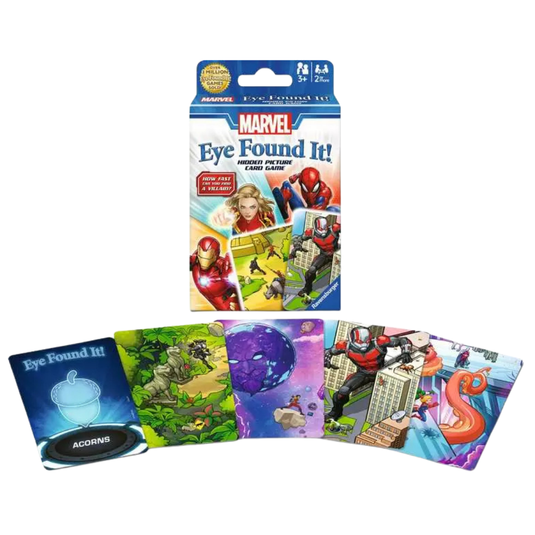 Marvel Eye Found It! game contents with illustrated hidden picture cards and object cards.