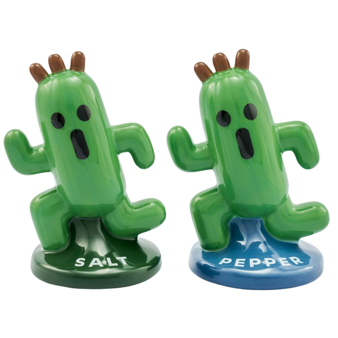 Final Fantasy Cactuar Salt and Pepper Shakers featuring two green Cactuar figures with labeled bases