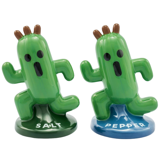 Final Fantasy Cactuar Salt and Pepper Shakers featuring two green Cactuar figures with labeled bases